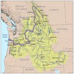 Three-color map of the Columbia River watershed. The watershed is shaped roughly like a funnel with its wide end to the east and its narrow end along the border between Washington and Oregon as it nears the Pacific Ocean. The watershed extends into the western US states of Washington Oregon Idaho Nevada Utah Wyoming and Montana and the western Canadian province of British Columbia as far east as its border with Alberta. The river itself makes a hairpin turn from north-west to south in British Columbia and another sharp turn from south to west as it nears Oregon.