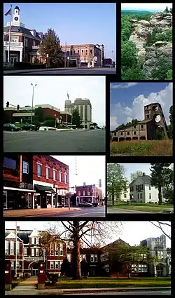 From top left: North Side of square, Garden of the Gods, Saline county courthouse and Clearwave building, O'gara mine tipple, South side of square, Poplar Street Homes, Harrisburg Township High school.