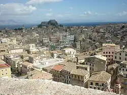 View of Corfu from above, a fort in the background