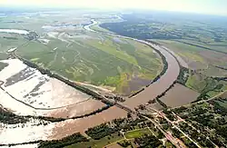 Rulo during the 2011 Missouri River floods. The Rulo Bridge cross the river