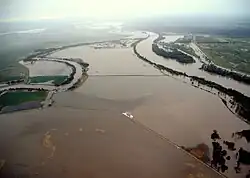 Flooding at the confluence of the Nishnabotna and Missouri Rivers on June 16, 2011, during the 2011 Missouri River floods