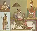 Late 19th century "Costume of India - Moguls" picture depicting Mogul woman (upper left), Mogul Emperor Farrukhsiyar (center) died 1719, and Emperor Humayun (upper right), died in 1556