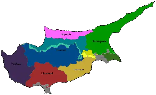 A political map of Cyprus showing the country's district boundaries