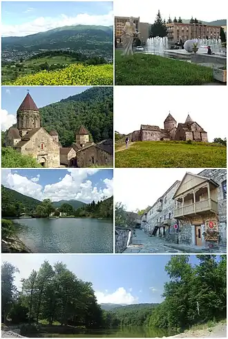 از بالا چپ:
افق مریی دیلیجان • Dilijan town hallصومعه هاغارتسین • Goshavank Monasteryپارک ملی دیلیجان • Sharambeyan street of old Dilijanدریاچه پارز