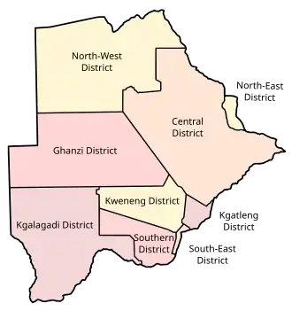 Districts of Botswana. The city districts (8) are not shown on the map.