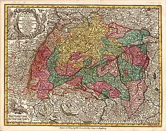 The Duchy of Württemberg (in yellow) and the other territories of Swabia. This map is an oversimplification since there were about 80 distinct territories within the Circle of Swabia and hundreds of enclaves and exclaves. Published by Mattäus Seutter, circa 1750.
