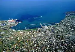 Aerial view of Dunkirk, facing north over Lake Erie.