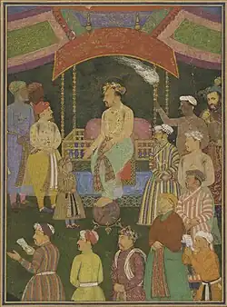 صحنه اطرافیان جهانگیر. نقاشی شده توسط ابوالحسن ، حدود ۱۶۱۵. رنگ آب مات ، طلا و جوهر روی کاغذ ، 16.9 12. 12.3&nbsp;سانتی متر. گالری هنری آزادتر ، موسسه اسمیتسونیان ، واشینگتن دی سی ، خرید F1946.28.