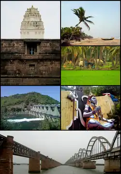 Clockwise from right: Antarvedi beach, fields of Nagankulla village, Shiva statue at Talupulamma Lova Temple, Godavari Bridge, Yeleru Dam, Samalkota Bhimeswara Temple