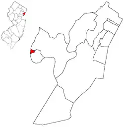 Map highlighting East Newark within Hudson County. Inset: Location of Hudson County highlighted in the State of New Jersey.