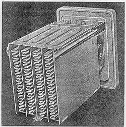 خازن الکترولیتی آلومینیومی مرطوب تاشده، سیستم بل ۱۹۲۹، نمای روی آند تاشده، که در محفظه مربعی (نشان داده نشده) پر از الکترولیت مایع نصب شده بود.