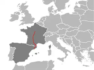 Map of the E 09 within فرانسه and اسپانیا.