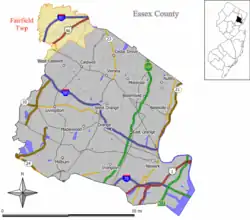 Map of Fairfield Township in Essex County. Inset: Location of Essex County highlighted in the State of New Jersey.