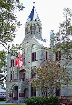 The current Fayette County Courthouse in La Grange was finished in 1891. The Romanesque Revival style building uses four types of native Texas stone to detail the exterior.