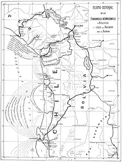 Map of the railroads from Arica and Antofagasta to Bolivia