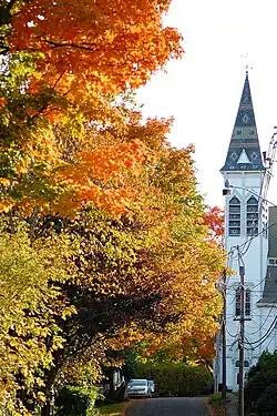 Spire of the First Congregational Church in central Georgetown