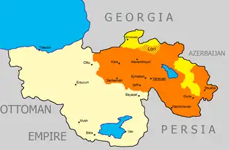 موقعیت جغرافیائی اولین جمهوری ارمنستان (رنگ نارنجی)