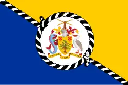 A yellow and blue flag divided diagonally, with a seal in the center.