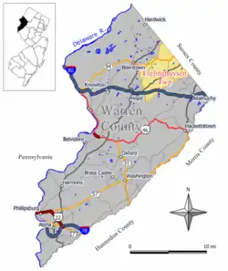Map of Frelinghuysen Township in Warren County. Inset: Location of Warren County highlighted in the State of New Jersey.