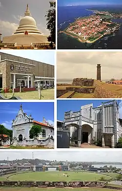 Clockwise from top left: Galle Temple, Aerial view of Galle Fort، Interior of the Galle Fort, St. Aloysius College, Galle View of the Galle International Stadium from the Fort, Dutch Reformed Church of Galle, Galle Municipal Council