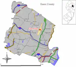 Map of Glen Ridge in Essex County. Inset: Essex County highlighted in the State of New Jersey.