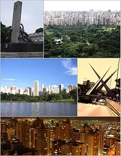 Skyline of Goiânia, Top of left:Monument of tree races in Civic Square, Top of right:Vaca Brava Park and Setor Bueno business area, Middle of left:Jardim Zoological Park in Pedro Lovovico area, Middle of right:Monument in Ratinho Square, Bottom:Night view of downtown Goiânia in Setor Bueno area