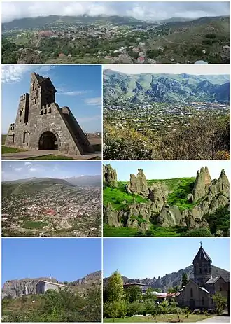 از بالا چپ:
نمایی Panoramic از گوریسGoris gate • کوهستان زنگه‌زور اطراف گوریسافق مریی گوریس • Stone-pyramids of Old KoresSurp Hripsimé Basilica • Saint Gregory Cathedral