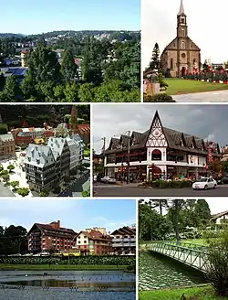 Top left:Panoramic view of Gramado, Top right:Gramado Matriz São Pedro Church, Middle left:Mini Mundo (Little World Park), Middle right:Natal Centro area, Bottom left:Joaquina Bier Lake, Bottom right:Negro Lake