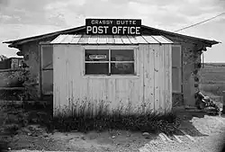Built in 1914, the Grassy Butte Post Office is listed on the National Register of Historic Places.Photo taken August 1958.