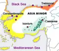 Distribution of Anatolian Greeks in 1910. Demotic Greek speakers in yellow. Pontic in orange. Cappadocian Greek in green. Shaded regions do not indicate that Greek-speakers were a majority.