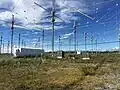 HAARP, a phased array of 180 crossed dipoles in Alaska which can transmit a 3.6&nbsp;MW beam of 3 - 10&nbsp;MHz radio waves into the ionosphere for research purposes