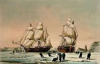 The Devils Thumb, Ships Boring and Warping in the Pack, Dedicated by special permission to the Lords Commissioners of the Admiralty By their Lordships most obedient Servant W H Browne, Lt. R N