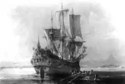 Image of the Roebuck at anchor, with a ship's boat rowing toward shore