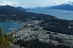 Haines, viewed from Mount Ripinski, with Chilkoot Inlet on the left, Chilkat Inlet on the right, and the Chilkat Peninsula extending into the distance.