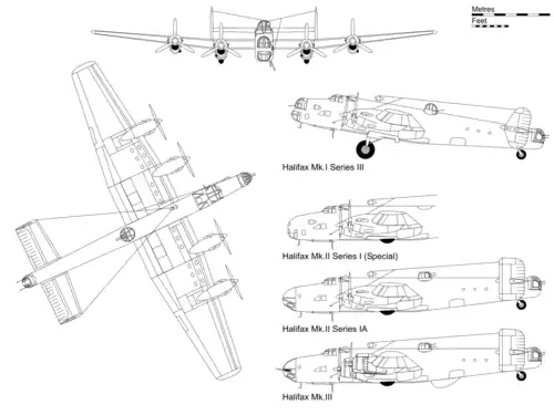3-view drawingof Halifax Mark I Series III, with profile details of other variants.