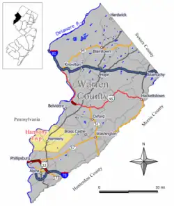 Map of Harmony Township in Warren County. Inset: Location of Warren County highlighted in the State of New Jersey.