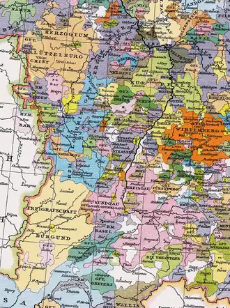 موقعیت دوک‌نشین لورن (آبی) در امپراتوری مقدس روم (حدود ۱۴۰۰)