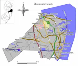 Map of Holmdel Township in Monmouth County. Inset:Location of Monmouth County in the State of New Jersey.