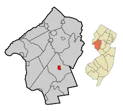 Location of Flemington within Hunterdon County. Inset: Location of Hunterdon County highlighted in the State of New Jersey.