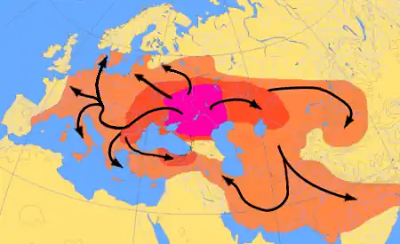مسیرها و محدودههای گسترش اولیه مردمان هندواروپایی.