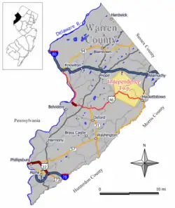 Map of Independence Township in Warren County. Inset: Location of Warren County highlighted in the State of New Jersey.