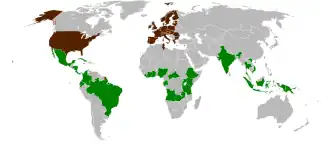 World map indicating the member states of the International Coffee Organization.