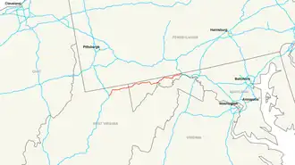 Map of a road that stretches across northern West Virginia and northwestern Maryland.