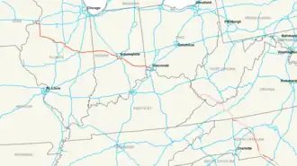 Regional map of Interstate Highways with I-74 highlighted in red.