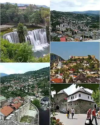 Top left: Pliva WaterfallTop right: Panorama view eastern Maršala Tita area, from Jajca FortressMiddle right: Jajca Fortress and ancient areaBottom left: View of Šejh Mustafe areaBottom right: Meadow Gate and Omer Bey's Native House