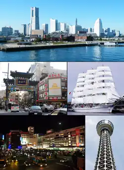 From top left: Minato Mirai 21, Yokohama Chinatown, Nippon Maru, ایستگاه یوکوهاما، Yokohama Marine Tower