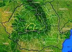 نقشهٔ تقسیمات کشوری رومانی با Sibiu که مشخص شدهاست