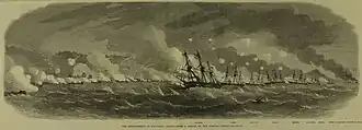 Euryalus leading the line of battle during the Bombardment of Kagoshima, 1863.