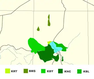 Map of the majority usage of the five major languages of the Kanuri language group. *BMS Kanuri, Bilma
*KNC Kanuri, Central
*KNY Kanuri, Manga
*KRT Kanuri, Tumari
*KBL Kanembu