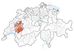 Map of Switzerland, location of کانتون فریبورگ highlighted